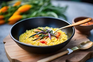 Foto op Plexiglas risotto with saffron in a black bowl and a spoon aside © stickerside