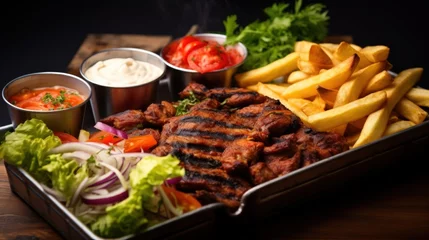 Foto op Plexiglas Kebabs with fries and fresh salad in tray fast food menu on the table. AI generated image © atapdesain