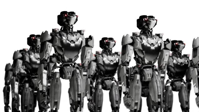 3d rendering of walking robotics army, industrial group of cyborg machines on white and green screen studio background.