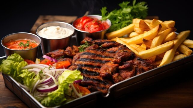 Kebabs with fries and fresh salad in tray fast food menu on the table. AI generated image
