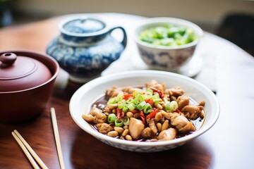 kung pao chicken beside a bowl of soy sauce