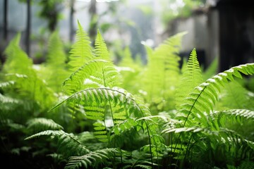 Fern in a botanical garden with a blurred background of other plants.