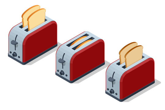Isometric red toaster with toasted bread on white background. Fresh crispy wheat bread. An appliance for toasting bread.
