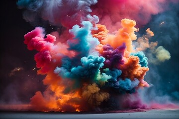 A vibrant explosion of colors as multicolored smoke spreads across a bright background. - obrazy, fototapety, plakaty