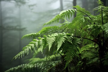 Close-up of ferns in a misty forest.