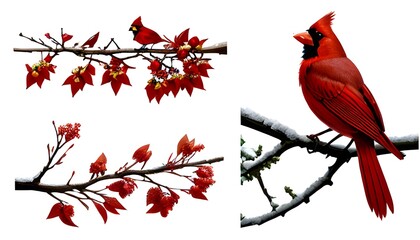 red cardinal on a branch - obrazy, fototapety, plakaty