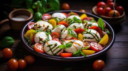 Close up delicious italian food healthy salad with mozzarella, tomatoes and origan on dark background