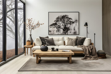A living room with white coach and a painting on the wall. Black and white tones.