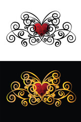 Heart with monograms in the form of a butterfly. Black monograms on white, gold on black.