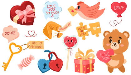 Cut set of romantic elements for Valentine's day. Teddy bear, fortune cookies, gift, lollipop, key, box of chocolates, pigeon with a letter, puzzle and hearts. Vector illustrations - obrazy, fototapety, plakaty