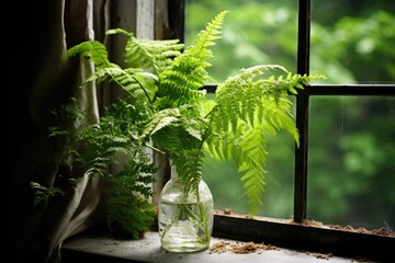Ferns in a glass vase on a windowsill.
