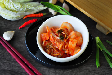 Korean Kimchi Bowl with Ingredients on Background