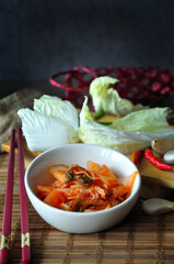 Healthy Food Korean Kimchi Bowl with Ingredients on Background