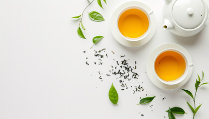 Top view of fresh green tea and tea leaves, Chinese spring tea culture concept illustration