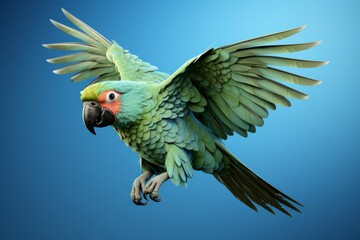 3D Render of a Tropical Green Parrot, on an isolated Sky Blue background, Generative AI