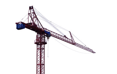 Tall building crane with long yellow arrow on transparent background. The machine is working...