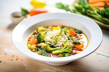 minestrone with colorful veggies and pasta pieces