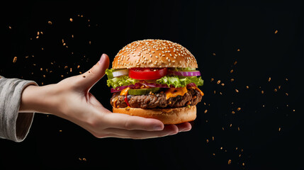 fast food, hand holding a juicy burger with fresh toppings, held against a dark backdrop