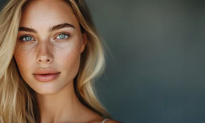 Fototapete Schönheitssalon closeup of beauty natural scandinavian blonde woman with blue eyes natural skin for skincare hair salon commercial advertisement with studio light looking at camera in editorial magazine copy space