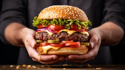 A juicy burger with fresh toppings fast food held ready to eat quick convenient and tasty meals.