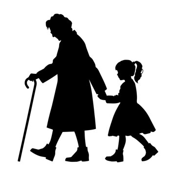 recommend clip art: vector illustration. silhouette of a grandmother with her granddaughter walking hand in hand