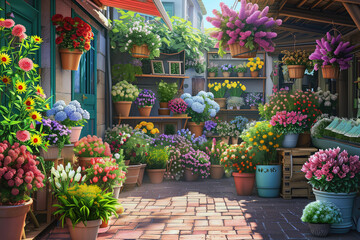 Fototapeta na wymiar Burst of Colors at a Quaint Flower Shop Alley 