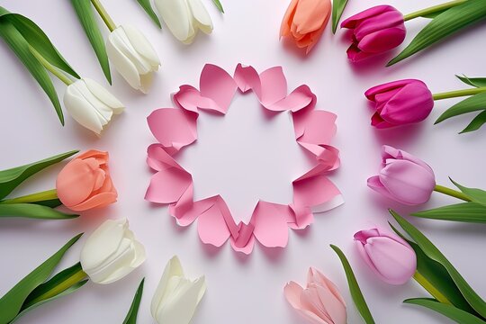 Paper cut art March 8 greeting card Paper cut tulips greeting card for International Women`s Day