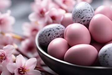 Naklejka na ściany i meble Plate with painted pink Easter eggs on light background