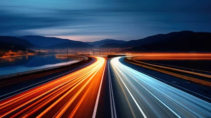 Fotobehang Night Time Highway, Long Exposure Photo of Blurred Car Lights © Anoo