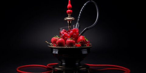 Smoking hookah with fruit head on dark background Still life with berries of viburnum red. 