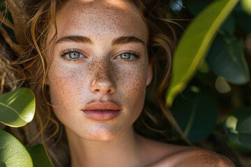close up of young caucasian woman in nature with freckles and pale skin blue eyes in magazine editorial look with leafs herbal greenery looking at camera for natural beauty skincare spa commercial  - obrazy, fototapety, plakaty