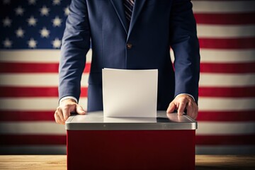 businessman standing behind a ballot box, concept image for us elections