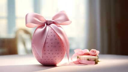 Happy Easter, Easter egg with pink satin bow for holiday decoration. Copy space. Symbol of the resurrection of Jesus.