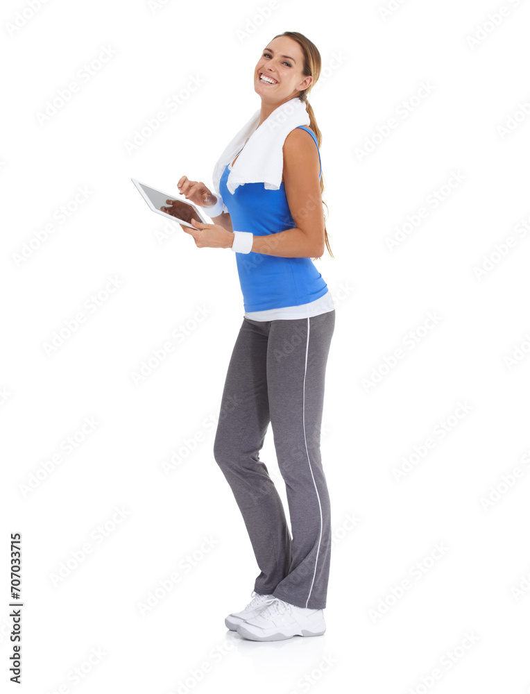 Wall mural Woman, fitness and tablet in studio portrait for health data or results of workout, exercise and training progress. Sports model with digital technology for wellness website on a white background