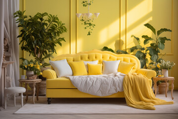 The yellow sofa is luxurious in style and has a comfortable room theme with aesthetic fur fabric. Classic minimalist home interior design, modern living room.