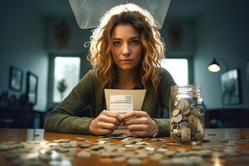 Sad depressed and worried woman standing in front of a table with money savings in jars and many bills papers.