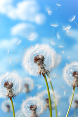 Meadow, blue sky and group of dandelions blowing in the wind