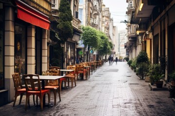 Fototapeta na wymiar European Street Scene with Outdoor Cafe