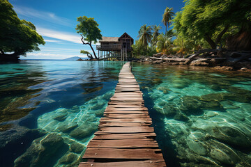 A long wooden dock in the middle of a body of water in exotic island. - Powered by Adobe