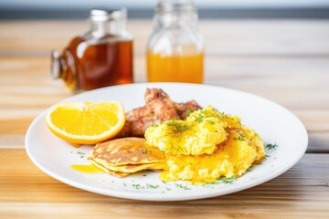 Obraz na płótnie Canvas pancakes with syrup next to scrambled eggs