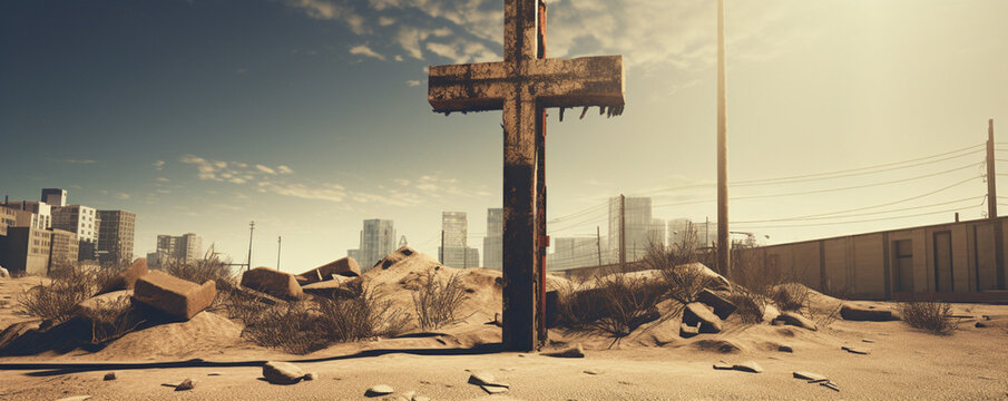 Cross in Post-Apocalyptic Cityscape
