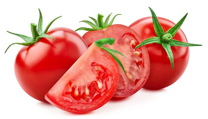 Fresh red tomato whole and cut in half isolated