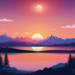 sunset over lake, sunset in the mountains