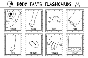 Body parts black and white flashcards collection. Flash cards for coloring in outline. Learn vocabulary for school and preschool. Hand, tongue, leg and more. Vector illustration