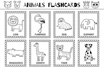 Animals black and white flashcards collection for kids. Flash cards set with cute characters for coloring in outline. Lion, flamingo, elephant and more. Vector illustration