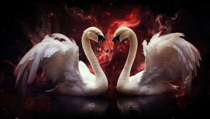 Tranquil Beauty: A Lovely Swan Couple Reflecting Pure Love and Grace in the Calm Waters of a White Lake