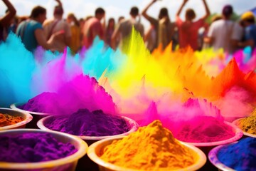 Colorful holi powder in bowls with people in background at India festival. Holi Celebration. Holi Concept. Indian Concept.