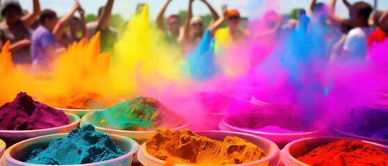 Colorful holi powder in bowls with people in background at India festival. Holi Celebration. Holi Concept. Indian Concept.