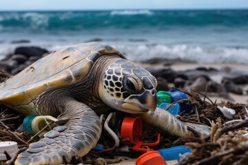 Turtle sitting on the shore in pile of plastic garbage. Birds living in trash. Polluted sea with garbage. Nature contaminated with trash and rubbish. Environmental problem of pollution of the ocean
