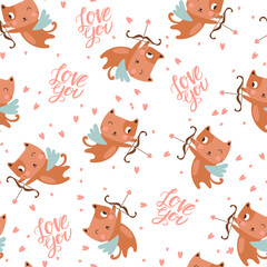 Valentine`s Day seamless pattern with cats. Vector illustrations